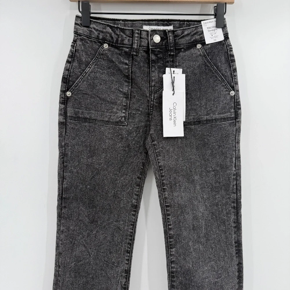 Calvin Klein Jeans Youth Girl 10 Black Mid Rise Straight Denim Acid Wash Stretch